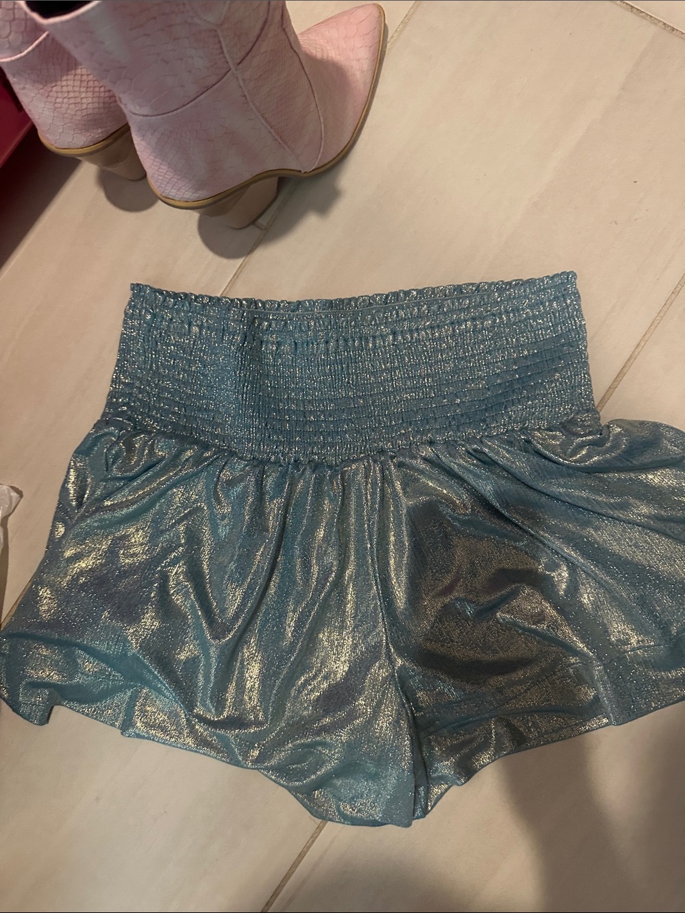 Metallic Blue Smocked Waist Women’s Shorts